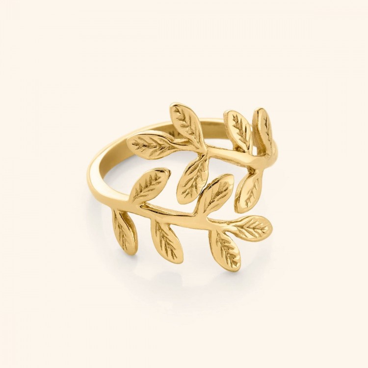 Bague ouverte en acier inoxydable avec branche d'olivier